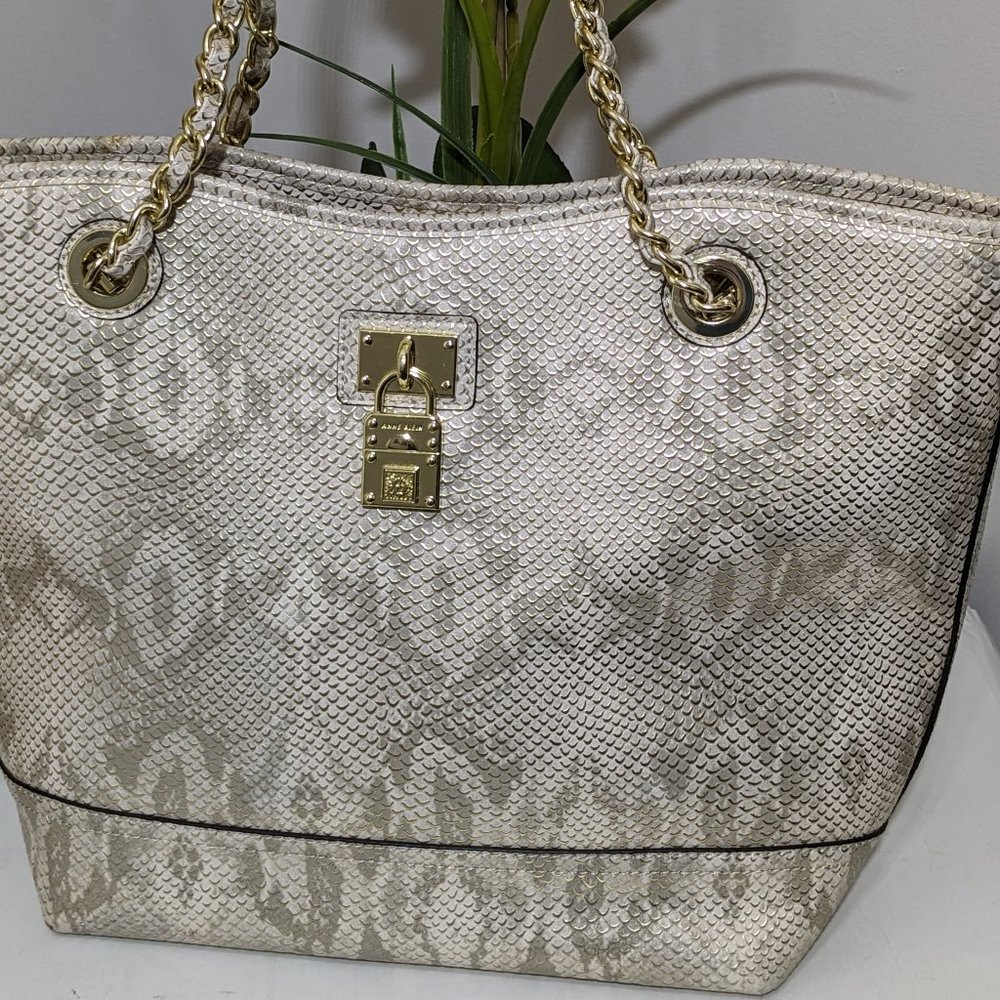 Anne Klein Shoulder Bag Purse, Off White, Snake Skin Look Gold Accents - Picture 2 of 13